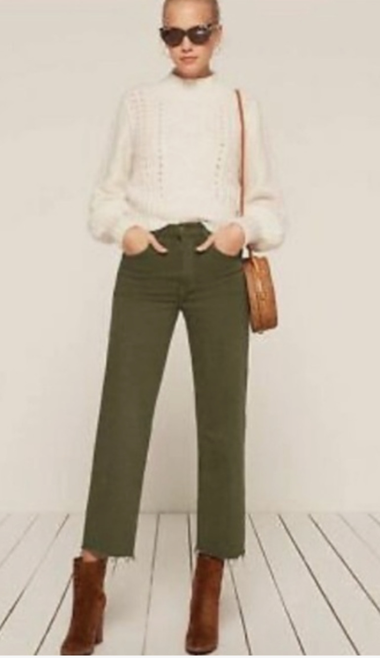 Reformation Army Green Wide Leg High Rise Raw Hem Stretch Flood Pants